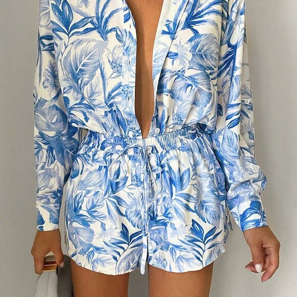 Blue Boho Women's Vacation Floral Print Long Sleeve Shirt And Shorts Set - Picture 1 of 3